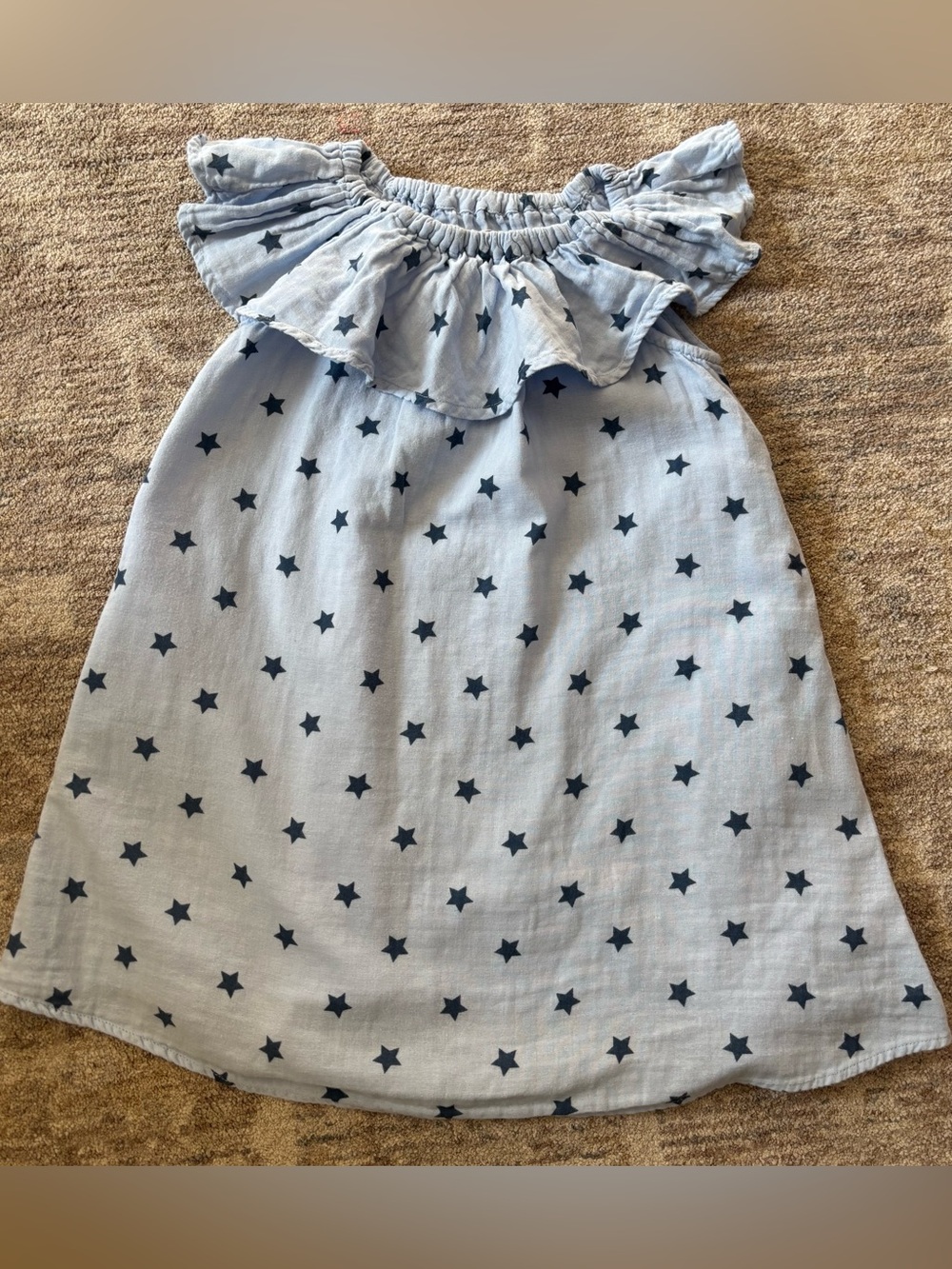 Peek Light Blue Dress with Navy Star Print and Ruffle Neck